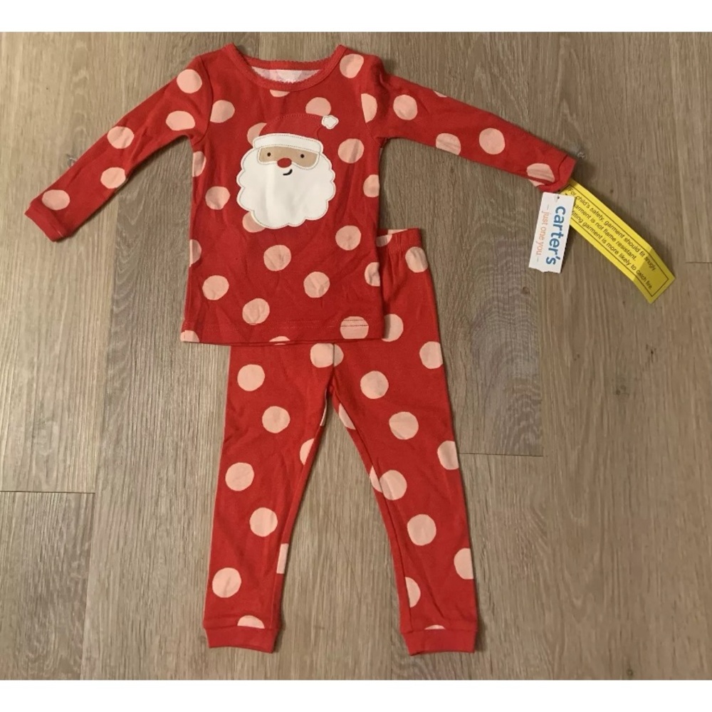 (NWT) CartersGirl’s Size 12 Months Ted & Pink Polka Dot Pajama Set With Santa
